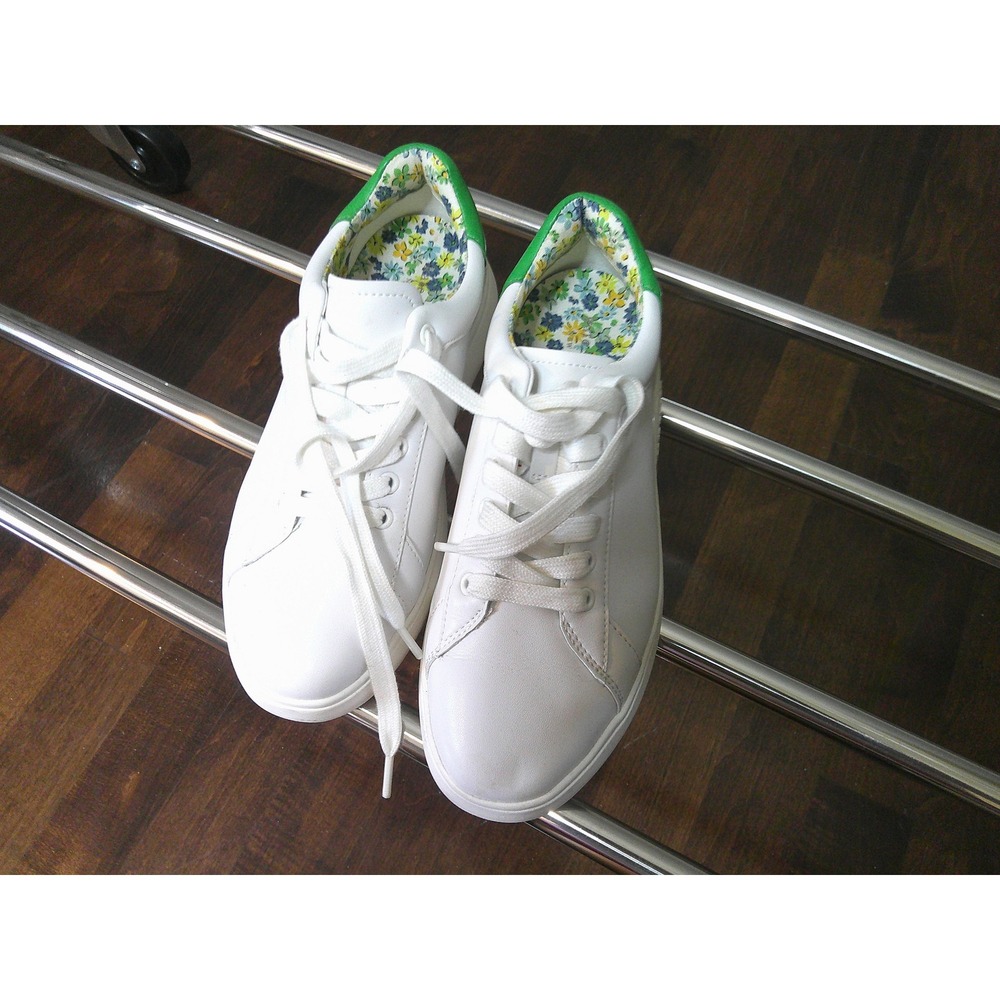 Kate Spade Lift Sneakers Womens 7.5 White Green Leather Floral Excellent K6254